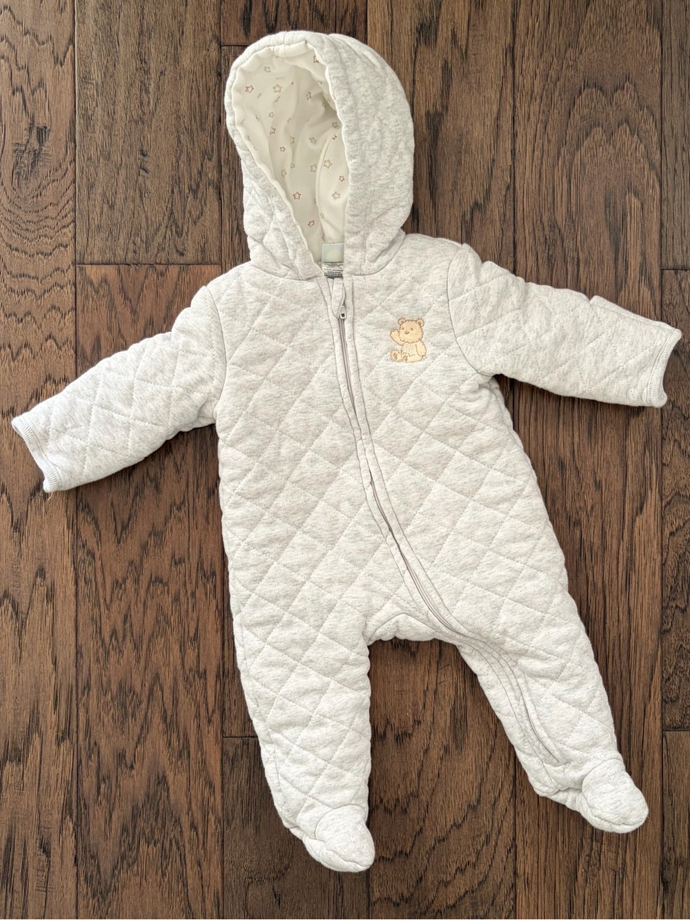 Baby Quilted Hooded One-Piece - Light Grey with Bear Accent